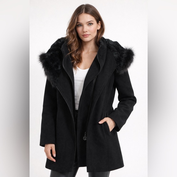 Jackets & Blazers - NIKKI JONES WOOL CASHMERE BLEND COAT WITH FUR TRIM HOOD